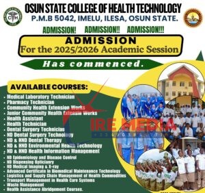 Admission Open: Osun State College of Health Technology (OSCOHEALTH) 2025/2026 Academic Session!